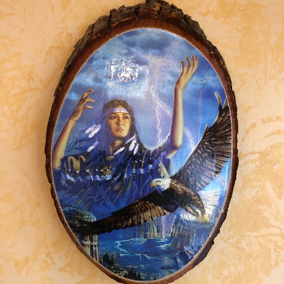 Native American & Eagle - Painted Wood Slice - Picture 1 of 8